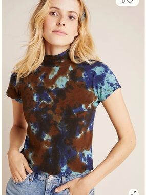 Agolde Brown & Blue Tie-Dye Mock Neck Short Sleeve Top Sz XL